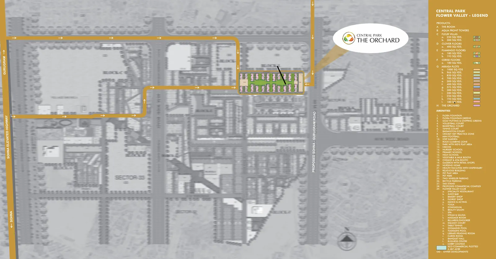 Location map of Central Park The Orchard inside Flower Valley, Sector 32 and 33 Sohna, with approach from Sohna Elevated Highway