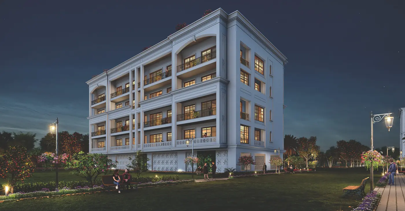 Night view of a luxury builder floor building at Central Park The Orchard, Sohna