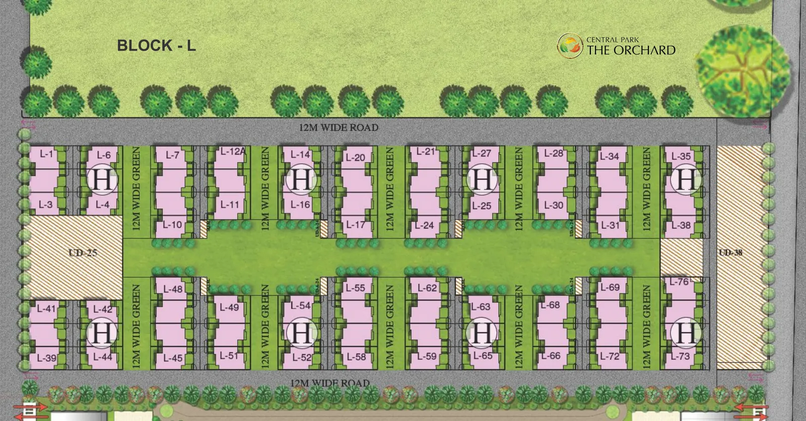 Site plan of The Orchard, Block L: plots L-1 to L-76 along 12 metre wide greens and a central lawn